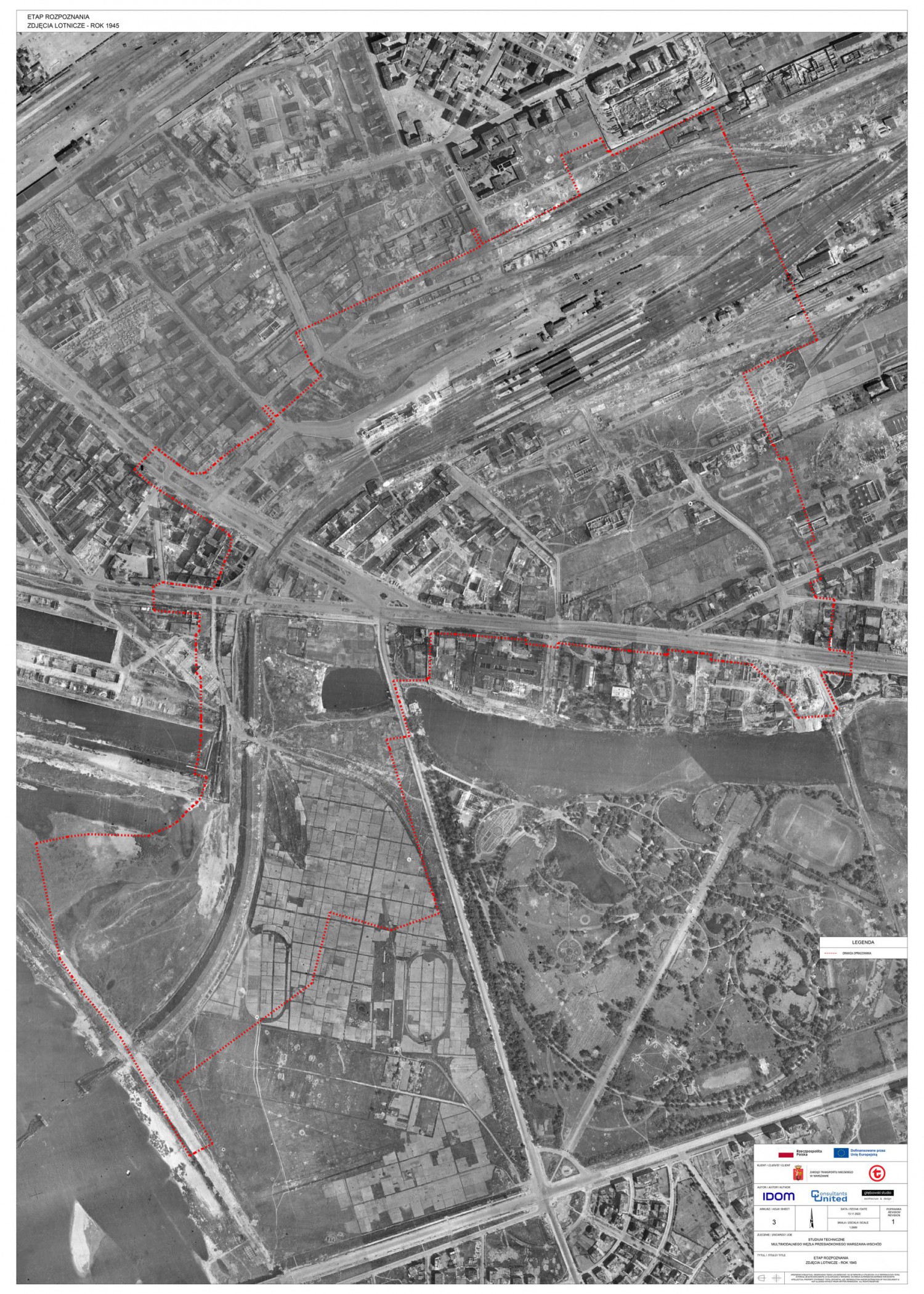 <div id="zdjecielotnicze1945" class="fg-caption-title">Zdjęcie lotnicze powojennej Warszawy, na którym zaznaczono obszar analiz w ramach projektu</div> Zdjęcie lotnicze powojennej Warszawy, na którym zaznaczono obszar analiz w ramach projektu
