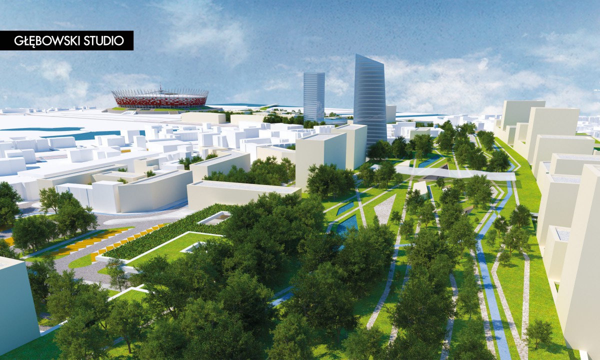 <div id="wwschzach32" class="fg-caption-title">Rejon parku powyżej stacji Warszawa Wschodnia - widok w kierunku zachodnim, wariant W32</div> Rejon parku powyżej stacji Warszawa Wschodnia - widok w kierunku zachodnim, wariant W32